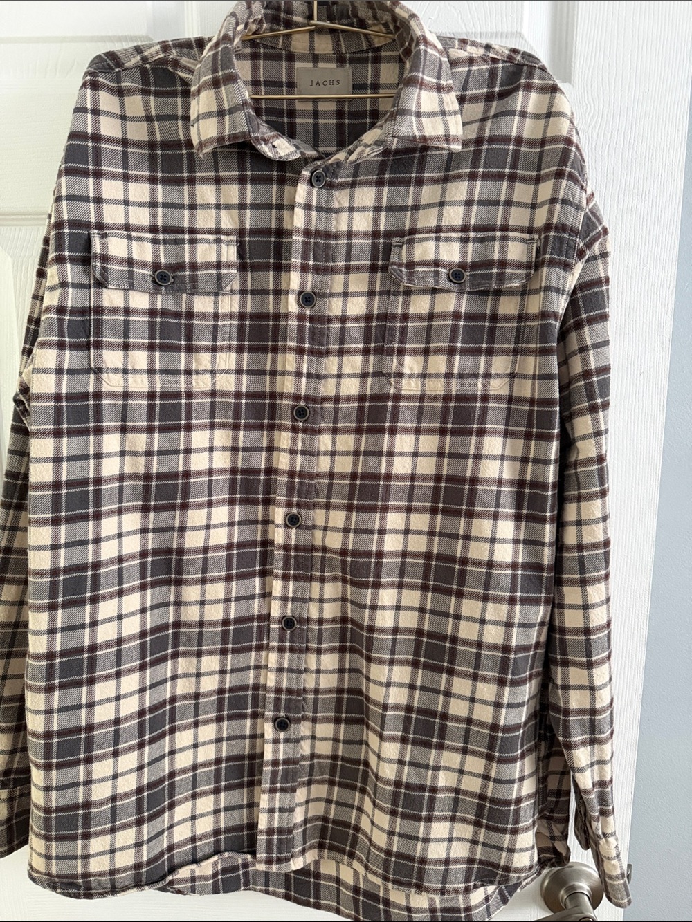 Jachs NY Men's Plaid Flannel Button Up Shirt Brown Cream Soft Tall Size LT